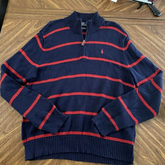 Polo Ralph Lauren Other - Polo Ralph Lauren Sweater Mens L Blue Red 1/4 Zip Pullover Ribbed Cotton Stripe